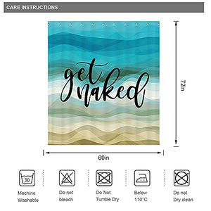 Riyidecor Get Naked Shower Curtain Beach Abstract Ocean Wave Ombre 60x72 Inch Gradual Blue Teal Aqua Turquoise Aesthetic Fantastic Color Printed Modern Simple Cool Design 12-Pack Hooks