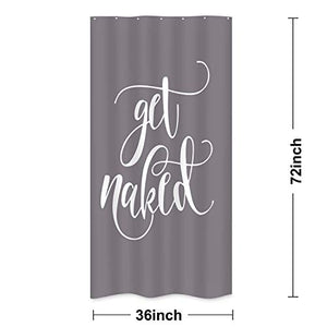 Riyidecor Small Stall Shower Curtain Half 36Wx72L Inch Get Naked Single Narrow Grey Words Modern Alphabet Cool Funny Fashion Polyester Waterproof Fabric 7 Pack Shower Hooks Bathroom Decor