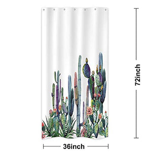 Riyidecor Stall Desert Cactus Shower Curtain 36Wx72H Inch Panel Tropical Succulent Plants Cacti Petal Flower Green Floral White Decorative Fabric Polyester Waterproof Fabric 7 Pack Plastic Hooks