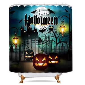 Riyidecor Happy Halloween Shower Curtain Pumpkin Cute Teal Scary Ghost Kids Castle Moon Creative Blazing Decor Fabric Set Polyester Waterproof 72x72 Inch 12 Pack Plastic Hooks Included