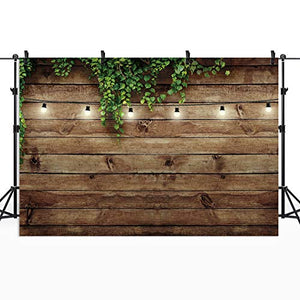 Riyidecor Vintage Wooden Board Backdrop Green Leaves on Brown Wood Plank Floor Plants Lights Rustic Retro Birthday Party Photographic Background 7Wx5H Feet Decor Props Photo Shoot Banner Fabric