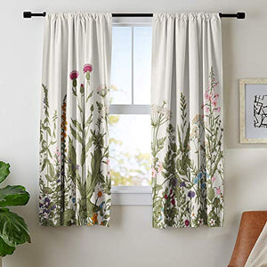 Riyidecor Flower Home Decor Curtains Rod Pocket Floral Green Leaves Patterned Window Drapes for Women Vintage Botanical Printed Bedroom Art Plant Living Room Treatment Fabric (2 Panels 42 x 63 Inch)
