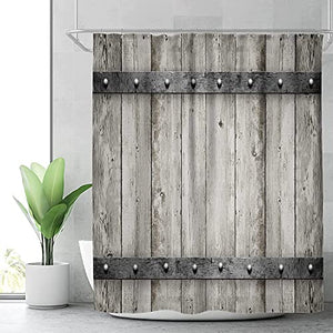 Riyidecor Rustic Barn Door Shower Curtain 60" W x 72" H Wooden Metal Texture Bathroom Decor Fabric Panel Polyester Waterproof with 12 Pack Plastic Shower Hooks