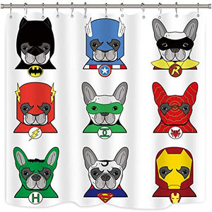 Riyidecor Superhero Shower Curtain Funny Dogs 72x72 Inch Bulldog Cartoon Kids Children Puppies in Disguise Masks with 12 Pack Metal Hooks Decor Fabric Bathroom Set Polyester Waterproof