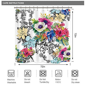 Riyidecor Watercolor Floral Shower Curtain Flower Blossoming Wildflowers Birds Spring Leaves Branches Decor Collection Fabric Polyester Waterproof 72x72 Inch Plastic Hooks 12 Packs