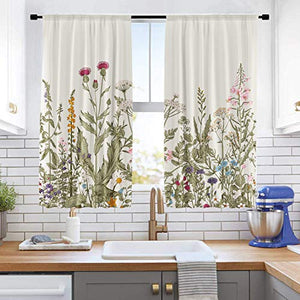 Riyidecor Green Leaves Plant Small Kitchen Curtains Floral Botanical Rod Pocket Farmhouse Pattern Cafe Curtains Herbs Rustic Living Room Bedroom Window Drapes Treatment Fabric (2 Panels 55 x 39 Inch)