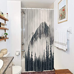 Riyidecor Small Stall Misty Forest Shower Curtain 36Wx72H inch Mountain Nature Rustic Scenery Foggy Smokey Tree National Parks Cliff Outdoor Idyllic Home Decor Fabric Bathroom Plastic Hooks 7 Pack
