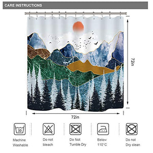 Riyidecor Abstract Sunrise Mountain Shower Curtain Painting Chinese Japanese Style Scenery Landscape Fir Forest Modern Sun Decor Bathroom Set Fabric Polyester 12 Pack Plastic Hooks 72X72 Inch