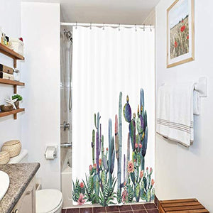 Riyidecor Stall Desert Cactus Shower Curtain 36Wx72H Inch Panel Tropical Succulent Plants Cacti Petal Flower Green Floral White Decorative Fabric Polyester Waterproof Fabric 7 Pack Plastic Hooks