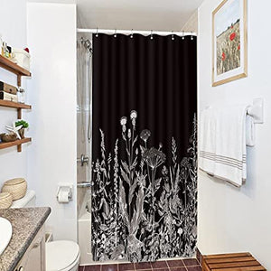Riyidecor Small Stall Wildflower Plant Shower Curtain 36Wx72H Inch Black Background Botanical Floral Border Herbs Leaves Decor Nature Vintage Bathroom Fabric Polyester Waterproof 7 Pack Plastic Hooks