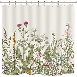 Riyidecor Fabric Green Leaves Shower Curtain for Bathroom Decor 72Wx72H Inch Floral Flower Botanical Decorative Bath Set Plants Herbs Bathroom Accessories Polyester Waterproof 12 Pack Hooks