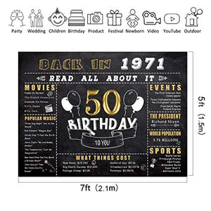 Riyidecor 50th Happy Birthday Gold and Black Backdrop Anniversary Decorations 7x5 Feet Golden Fifty Years Old Back in 1971 Photography Background Adult Party Celebration Props Photo Shoot Vinyl Cloth