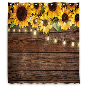 Riyidecor Rustic Sunflowers Wooden Board Light Shower Curtain Brown Yellow Country Spring Flowers Vintage Plant Kids Decor Fabric Nature Bathroom Polyester 72x84 Inch Include Plastic 12 Pack Hooks