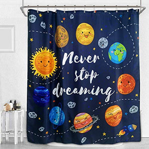 Riyidecor Cute Planet Quotes Shower Curtain Kids Cartoon Star Cluster Space Galaxy Solar System Universe Decor Fabric Bathroom Set 72x72 Inch 12 Pack Plastic Shower Hooks Included