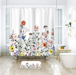 Riyidecor Floral Shower Curtain Cute Watercolor Botanical Flowers 72x72 Inch Vintage Spring Blooming Pansy Plants Vibrant Natural Bright Aesthetic Polyester Fabric Home Bathtub Decor 12 Pack Hooks