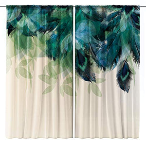 Riyidecor Watercolor Peacock Feather Curtains (2 Panels 42 x 63 Inch) Teal Blue Rod Pocket Turquoise Floral Green Leaf Rustic Art Printed Living Room Bedroom Window Drapes Treatment Fabric
