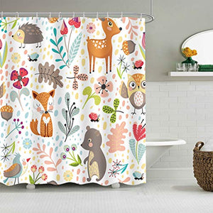 Riyidecor Extra Long Kids Woodland Shower Curtain 72Wx84H Inch Forest Animals Adorable Girls Cute Cartoon Funny Plants Colorful Weeds Waterproof Fabric Bathroom Decor 12 Pack Plastic Hooks