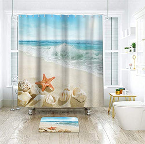 Riyidecor Beach Starfish Shower Curtain Panel Seashell Coastal Conch Sea Wave Rocks Island Ocean Blue Sky Decor Fabric Set Polyester Waterproof Fabric 72Wx78H Inch 12 Pack Plastic Hooks
