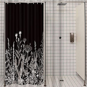 Riyidecor Small Stall Wildflower Plant Shower Curtain 36Wx72H Inch Black Background Botanical Floral Border Herbs Leaves Decor Nature Vintage Bathroom Fabric Polyester Waterproof 7 Pack Plastic Hooks