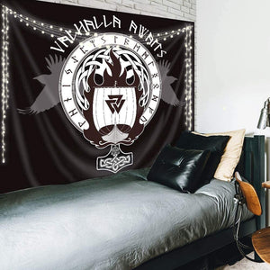 Norse Flag Tapestry 60x80 Inch Blue Boat Warship of The Vikings Drakkar Boat On Fire and Runes Creative Black Warrior Home Decoration Bedroom Living Room Dorm Wall Hanging