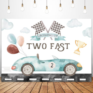 Glawry Two Fast 2nd Birthday Backdrop for Boy 7Wx7H Feet Boho Watercolor Race Car Balloons Cup Cool Cartoon Clouds Flags Road 2nd Birthday Party Decorations Photography Background Photo Booth Studio