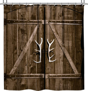 Riyidecor Wooden Garage Barn Door Shower Curtain 72Wx72H Inch Wood Plank Retro Rustic Farmhouse 12 Pack Metal Hooks Country Decor Fabric Bathroom Polyester Waterproof