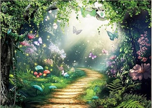 Imirell Fairy Woodland Tale Backdrop 7Wx5H Feet Enchanted Green Spring Butterfly Flower Yellow Brick Road Polyester Fabric Princess Magic Photography Backgrounds Photo Shoot Decor Props Decoration