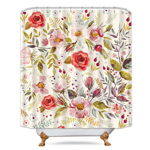 Riyidecor Pink Floral Shower Curtain Rose Flower Green Leaf Spring Shower Curtain Panel Polyester Waterproof Fabric 72x78 Inch Free Plastic Hooks 12-Pack