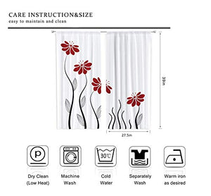 Riyidecor Red Flower Kitchen Curtains 55 x 39 Inch Floral Petals Rod Pocket Leaves Lines Geometrical Modern Woman Girl White Black Printed Living Room Bedroom Window Drapes Treatment Fabric 2 Panels