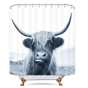 Riyidecor Funny Blue Bull Shower Curtain 60Wx72H Inch Highland Cow Animal Wildlife Cute Sketch Milk Waterproof Fabric Modern Fashion Polyester Bathroom Decor 12 Pack Plastic Hooks