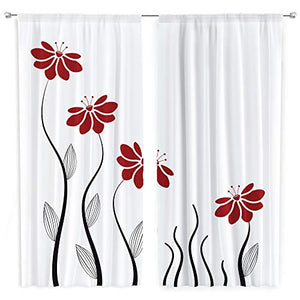 Riyidecor Red Flower Kitchen Curtains 55 x 39 Inch Floral Petals Rod Pocket Leaves Lines Geometrical Modern Woman Girl White Black Printed Living Room Bedroom Window Drapes Treatment Fabric 2 Panels