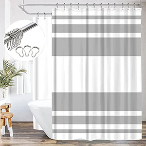 Riyidecor Clawfoot Tub Shower Curtain 180Wx70H Inch All Wrap Around Panel Grey and White Stripe Fabric Bathtub Set Extra Wide Polyester Waterproof 32 Pack Metal Hooks