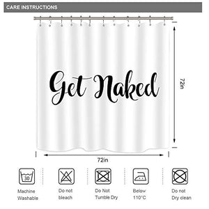 Riyidecor Get Naked Shower Curtain Funny White Unique Words Cute Script Men Women Polyester Waterproof Fabric 72 x 72 Inches with 12 Pack Plastic Shower Hooks Bathroom