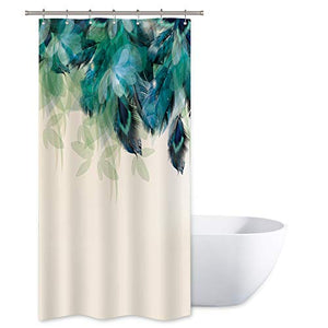 Riyidecor Stall Watercolor Peacock Feather Shower Curtain 36Wx72H Inch Teal Turquoise Floral Green Leaf Bathroom Home Decor Fabric Waterproof Bathtub 7 Pack Plastic Hook