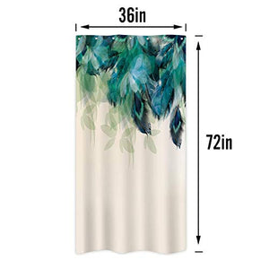 Riyidecor Stall Watercolor Peacock Feather Shower Curtain 36Wx72H Inch Teal Turquoise Floral Green Leaf Bathroom Home Decor Fabric Waterproof Bathtub 7 Pack Plastic Hook