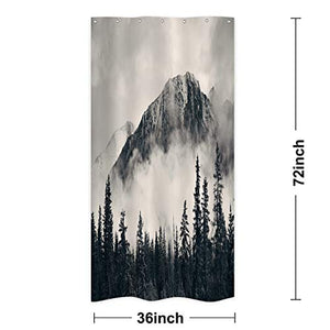 Riyidecor Small Stall Misty Forest Shower Curtain 36Wx72H inch Mountain Nature Rustic Scenery Foggy Smokey Tree National Parks Cliff Outdoor Idyllic Home Decor Fabric Bathroom Plastic Hooks 7 Pack