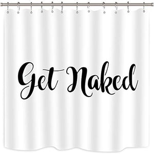 Riyidecor Get Naked Shower Curtain Funny White Unique Words Cute Script Men Women Polyester Waterproof Fabric 72 x 72 Inches with 12 Pack Plastic Shower Hooks Bathroom