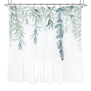 Riyidecor Green Leaves Ruffle Shower Curtain 72Wx72H Inch Eucalyptus Organic Natural Watercolor Cute Leaves Sage Branch Botanical Plants 12 Pack Metal Hooks Fabric Waterproof Home Bathtub Decor