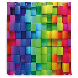 Riyidecor Rainbow Geometric Plaid Shower Curtain 72x78 Inch Metal Hooks 12 Pack Neon Rainbow Colored Blue Green Red Purple Decor Fabric Bathroom Set Polyester Waterproof Fabric