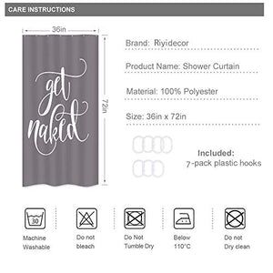 Riyidecor Small Stall Shower Curtain Half 36Wx72L Inch Get Naked Single Narrow Grey Words Modern Alphabet Cool Funny Fashion Polyester Waterproof Fabric 7 Pack Shower Hooks Bathroom Decor