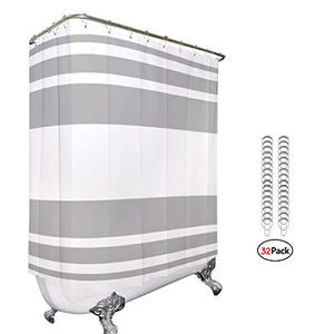 Riyidecor Clawfoot Tub Shower Curtain 180Wx70H Inch All Wrap Around Panel Grey and White Stripe Fabric Bathtub Set Extra Wide Polyester Waterproof 32 Pack Metal Hooks