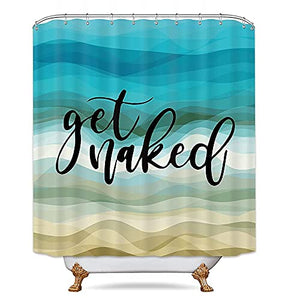 Riyidecor Get Naked Shower Curtain Beach Abstract Ocean Wave Ombre 60x72 Inch Gradual Blue Teal Aqua Turquoise Aesthetic Fantastic Color Printed Modern Simple Cool Design 12-Pack Hooks
