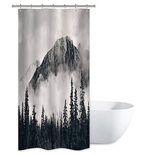 Riyidecor Small Stall Misty Forest Shower Curtain 39Wx72H inch Mountain Nature Rustic Scenery Foggy Smokey Tree National Parks Cliff Outdoor Idyllic Home Decor Fabric Bathroom Plastic Hooks 7 Pack