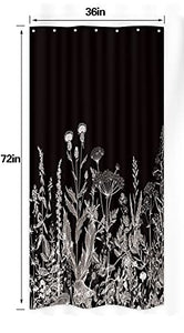 Riyidecor Small Stall Wildflower Plant Shower Curtain 36Wx72H Inch Black Background Botanical Floral Border Herbs Leaves Decor Nature Vintage Bathroom Fabric Polyester Waterproof 7 Pack Plastic Hooks