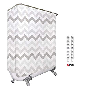 Riyidecor Clawfoot Tub Shower Curtain Panel 180x70 Inch All Wrap Around Grey White Chevron Polyester Fabric Set Extra Wide Waterproof with 32-Pack Metal Shower Hooks