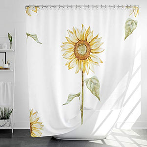 Riyidecor Yellow Sunflower Shower Curtain Green Leaves Thicken Heavy Duty 12 Pack Metal Hooks Weighted Hem Floral Rustic Country Simple Polyester Fabric Polyester Waterproof Bathroom 72Wx72H Inch