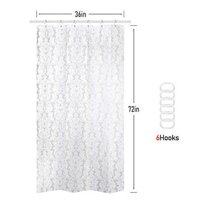 Riyidecor White Floral Damask Shower Curtain Panel 36W x 72H Inches Plastic Hooks 7 Pack Decor Fabric Bathroom Set Polyester Waterproof
