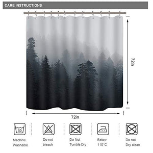Riyidecor Fabric Forest Dark Mens Shower Curtain Set for Bathroom 72Wx72H Inch Nature Gothic Tree Winter Mountain Foggy Woodland Bath Curtain Outdoor Bathtub Accessories Art Decor 12 PCS Plastic Hook