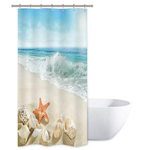 Riyidecor Stall Beach Starfish Shower Curtain 36Wx72H Inch Ocean Seashell Coastal Conch Sea Wave Rocks Island Summer Half Scenery Decor Fabric Polyester Waterproof Fabric 7 Pack Plastic Hooks WW-IHTB