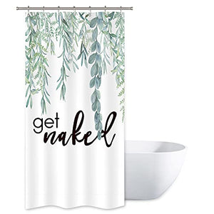 Riyidecor Green Leaves Get Naked Single Stall Shower Curtain 36Wx72H Inch Sage Bathroom Decor Watercolor Narrow Spring Botanical Plants Quotes Fabric Waterproof Home Bathtub Decor 7 Pack Plastic Hook